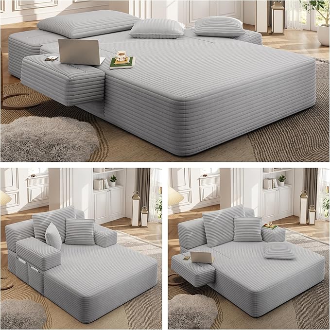 Chaise Lounge Chair Indoor Corduroy Upholstered Boneless Sofa Bed with 3 Pillows &amp Foldable Armrest Oversized Deep Seat Cloud Reading Chairs Sleeper Couches for Living Room Grey