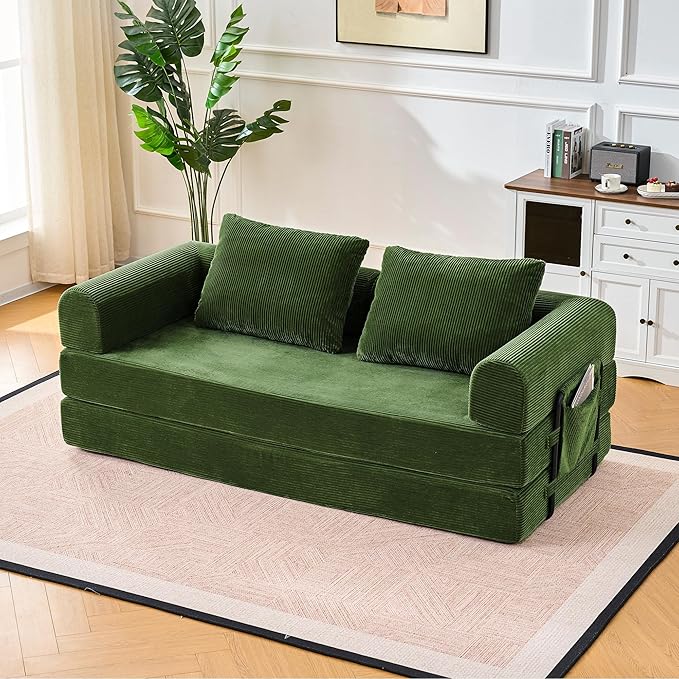 Convertible Sleeper Sofa Bed 78.7 Folding Floor Sofa Mattress Couch with Pillows Corduroy Futon Boneless Couch Lounge Loveseat with Pull Out Bed Green