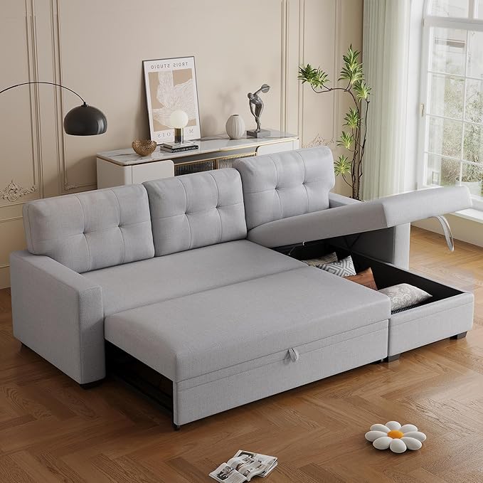 Linen Upholstered Pull Out Sectional Sofa with Storage ChaiseCouch W/ Removable Back CushionsCan Be Converted Into a Twin Size Sleeperfor Living RoomApartmentOfficeLight Gray