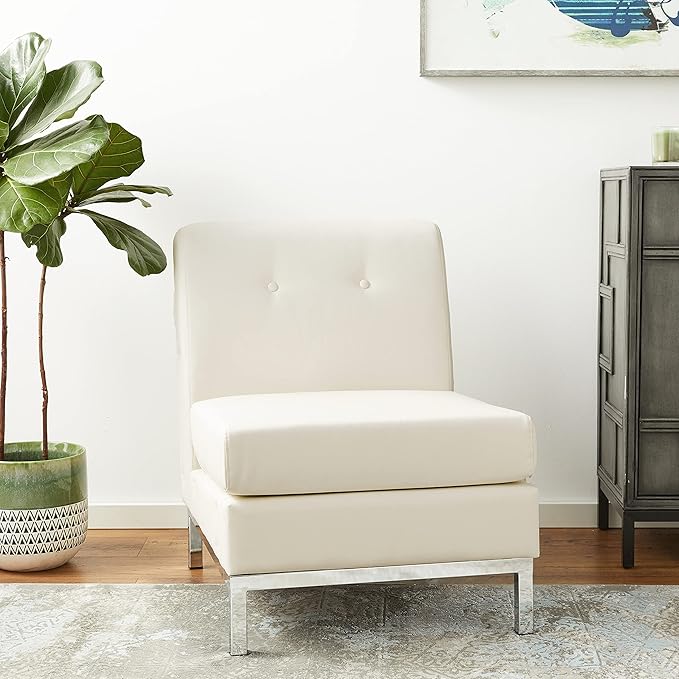 OSP Home Furnishings Wall Street Faux Leather Armless Chair with Box-Spring Cushion Button Tufted Back and Chrome Finish Base White