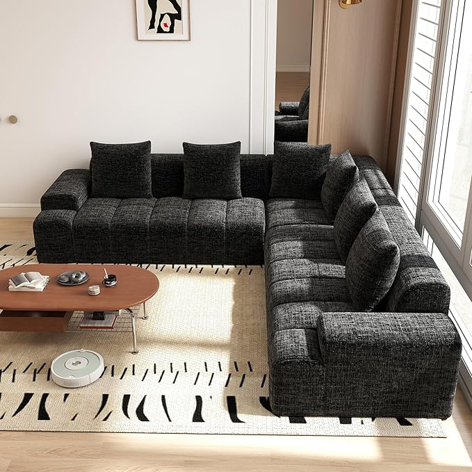 Cloud Modular Sectional Sofa Couch 108 V Shaped Chenille Fabric Memory Foam Sofa 5 Seater with 6 Pillows Firm Cushions for Living Room ApartmentBlack
