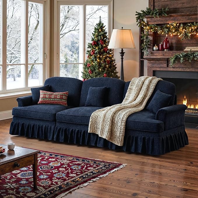 107 Modular Sectional Sofa for Living Room Comfy Chenille 3 Seat Couch with Detachable Ruffled Skirt Flared Arms Spindle Legs Traditional Sofa for Living Room Apartment(Blue)