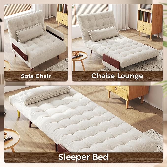 JASIWAY Convertible Sleeper Chair Bed for Adults 3 in 1 Linen Convertable Futon Chair with Pillow Fold Out Single Sleeper Couch Guest Bed for Small Spaces Bedroom Mid-century with Walnut Arm 28.4