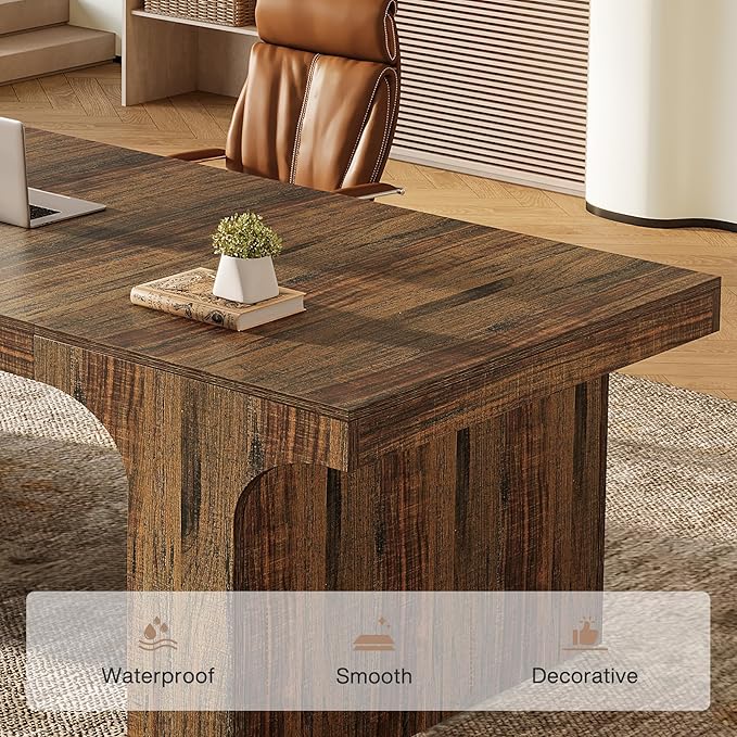 Tribesigns 70.87 Executive Office Desk Large Workspace Computer Desk Rustic Wooden Writing Table Simple Business Furniture with Arched Design for Home Office Rustic Brown