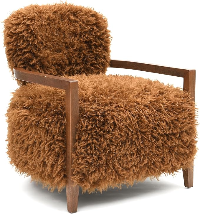 Furniture of America Ramos Modern Accent Chair with Ultra Soft Faux Fur Long-Haired Accent Sofa Tight Seat and Back Single Couch Fluffy Living Room Seating No Assembly Needed Camel Brown