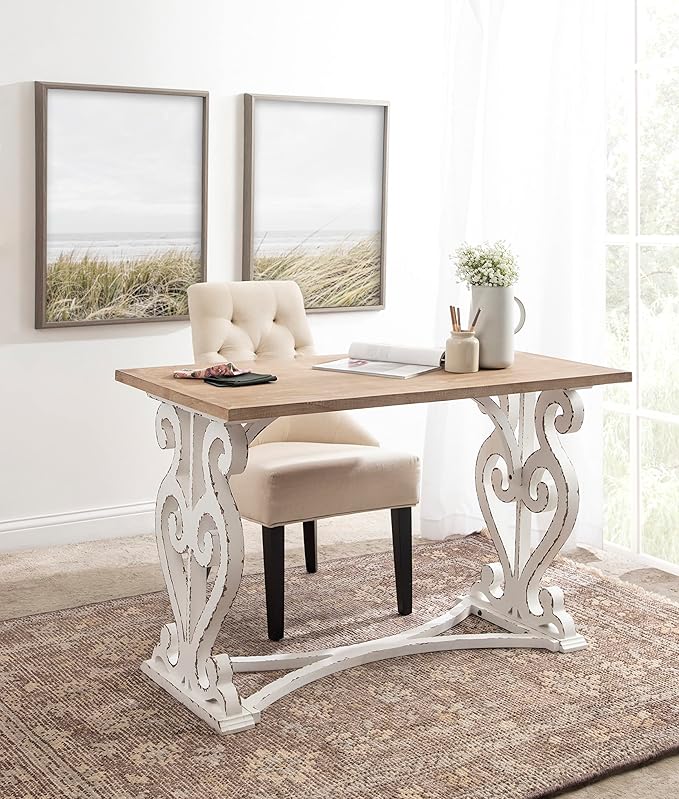 Kate and Laurel Wyldwood Farmhouse Wooden Desk 46 x 24 x 30 Brown and White Rustic Carved Wood Computer Desk for Functional and Stylish Home Office Decor