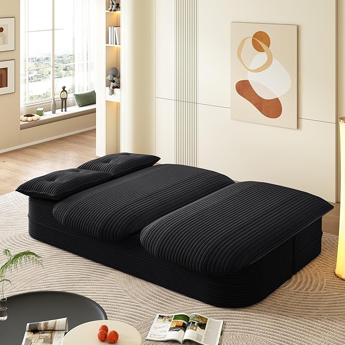 78.7 Floor Foam Sleeper Sofa Bed Folding Futon Couch Bed Corduroy Compression Loveseat Sofa Foldable Full Size Couch with 2 Pillows for Living Room Bedroom Apartment Black