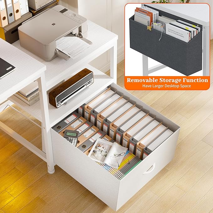 EnHomee 57 Office Desk with Drawers and Printer SpaceComputer Desk with Power OutletsHome Office Desks with File Drawers CabinetStudy Writing and Gaming Desk with Shelves Monitor StandWhite