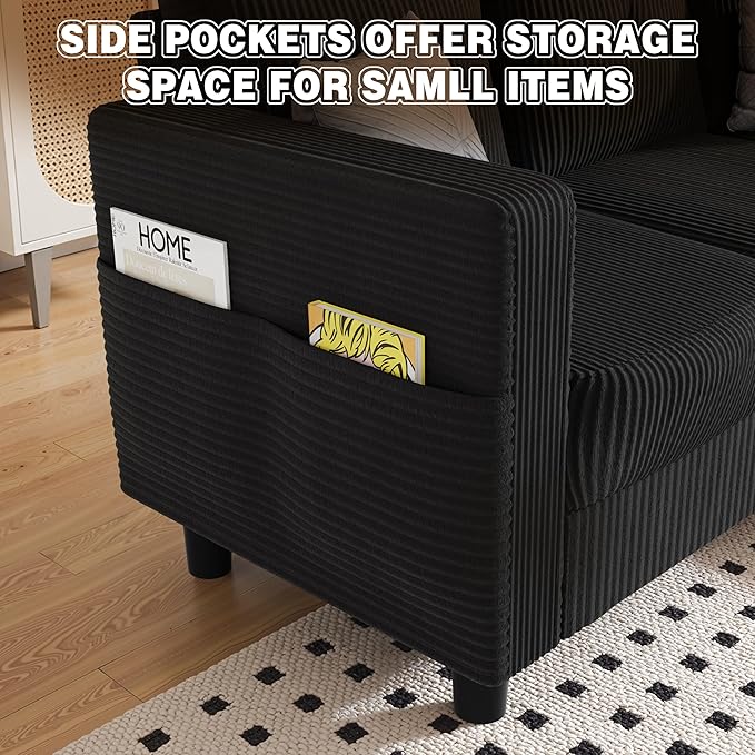 JAMFLY Convertible L-Shaped Sectional Sofa with Reversible Storage Ottoman 3-Seat Couch with Side Pockets Modern Compact Furniture for Small Apartments Studios &amp Lofts Black