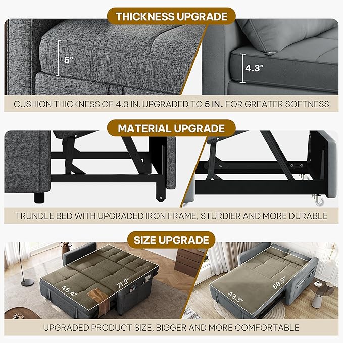 YITAHOME 55 Convertible Sofa Bed 3-in-1 Sleeper Sofa with Iron Frame Pull-Out Bed Linen Futon Couch with Reclining Backrest and Side Pocket Modern Loveseat for Living Room Bedroom Apartment Grey