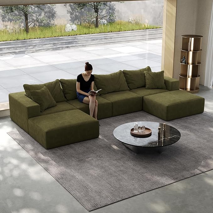 162 Oversized Cloud Couch Upholstered Modular Sectional Sofa with 6 Pillows Deep Seat Chenille Couches for Living Room Free Combination No Assembly Required (Green)