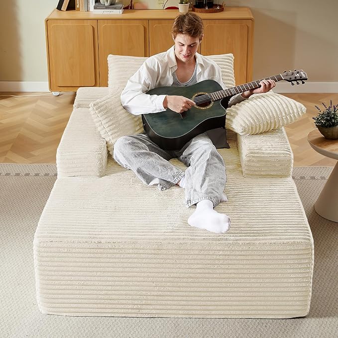 50 Oversized Chaise Lounge Chair IndoorCorduroy Boneless Reading Chair with 3 PillowsDeep Seat Cloud Sofa BedComfy Modern Sleeper Chairs in Box for Living Room BedroomNo Assembly(White)
