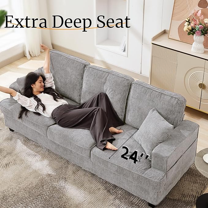 Three Seater Couch for Living Room Sofa Couches with Deep Seat &amp Armrest Comfy Modern Sofas in Chenile for Living Room Bedroom Office Apartment Pewter