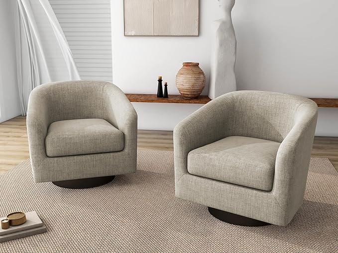 Swivel Barrel Chair Modern Round Swivel Accent Chair in Linen for Living Room Comfy Club Chair Upholstered Armchair for Bedroom Small Space-Light Brown