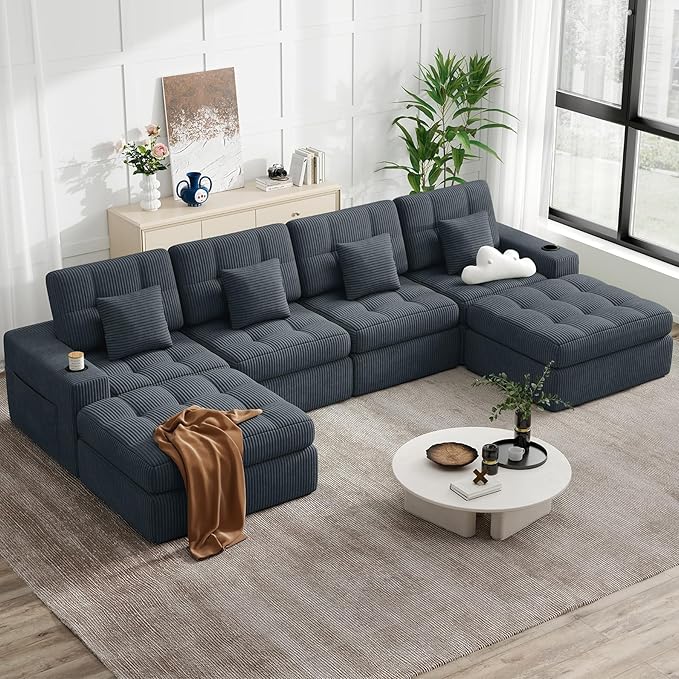 144 U Shaped Cloud Boneless CouchModern Modular Sectional Sofa with Layered CushionNo Assembly Convertible Corduroy Couches for Living RoomGrey 1 PCS