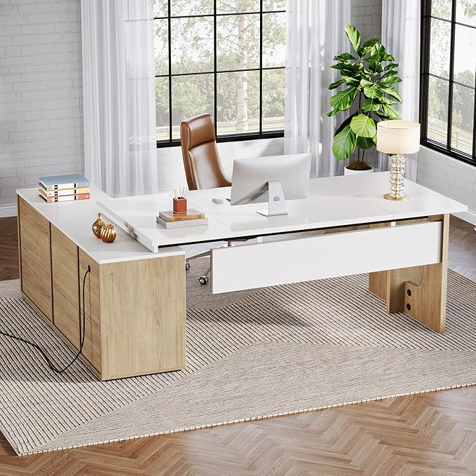 Tribesigns 74.8 Inch Executive Desk Large Office Desk with Cabinet L Shaped Computer Desk with Shelves and CPU Storage Modern Home Office Desks Business Furniture Workstation Set White and Wood