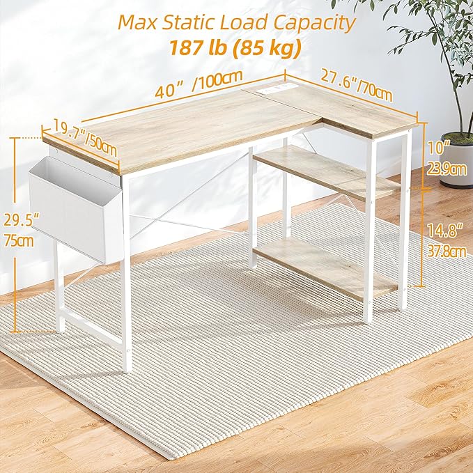 TIQLAB L Shaped Computer Desk with Power Outlets 47 Inch Small Corner Desk with Reversible Shelves Gaming Desk Computer Table Study Writing Table for Home Office Bedroom Small Space Maple