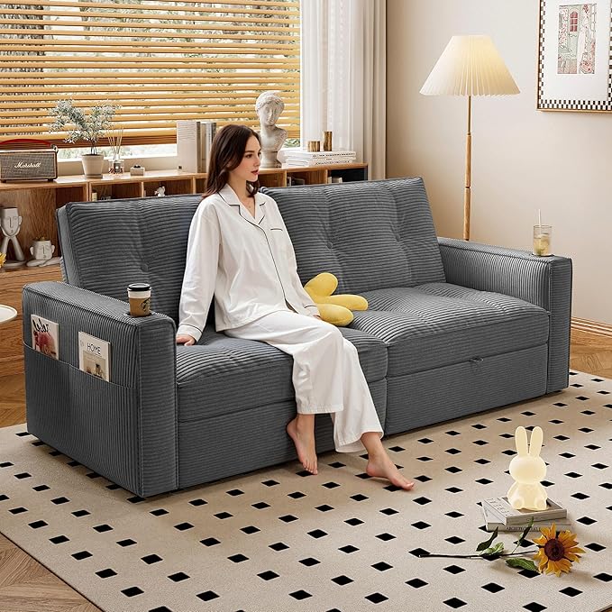 73.2 inch 2-in-1 Convertible Sofa Bed with Cup Holder | Space-Saving Sleeper for Small Apartments Dorms &amp Offices | Guest Ready in Seconds(Grey +Corduroy)