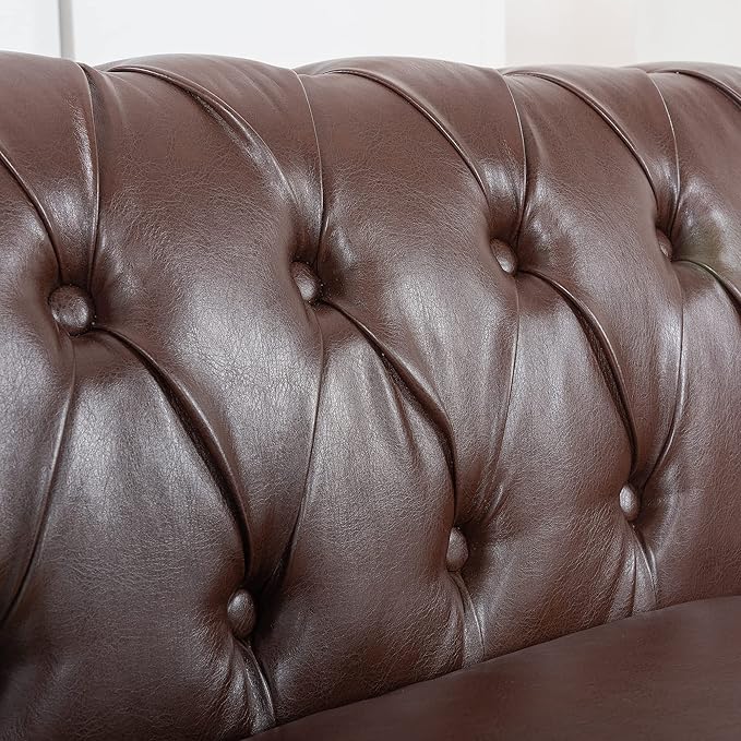 GDFStudio 85 Tufted Button Chesterfield Sofa with Deep Seat Cushions Rolled Arms &amp Gold Accent Strip 3-Seater Midcentury Modern Sofa for Living Room Classic Couch Furniture Dark Brown + PU