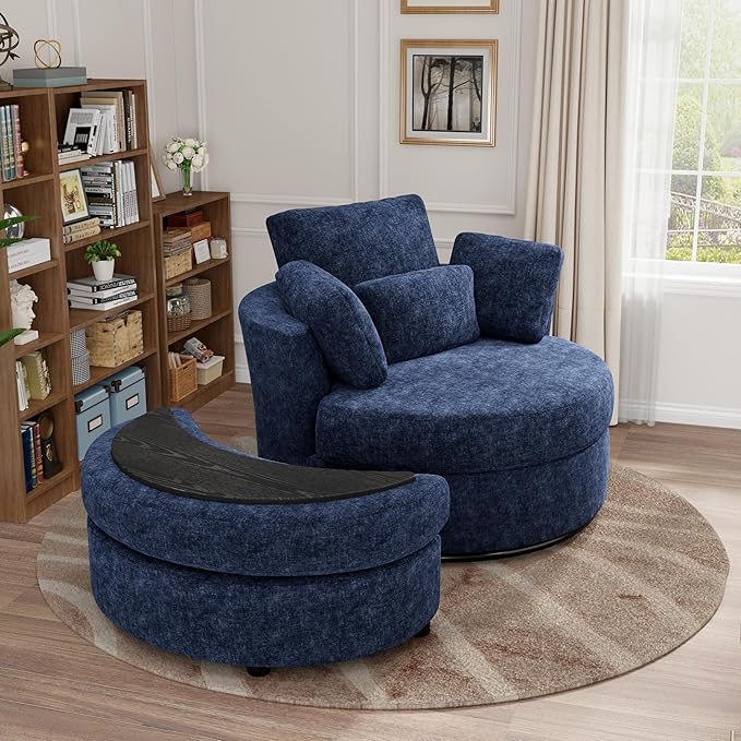 Oversized Swivel Chair and A Half with Ottoman Cozy Round Circle Chair Modern Big Comfy Accent Barrel Chairs with Pillows Comfy Chaise Lounge Adults Reading Armchair for Living Room Bedroom Navy