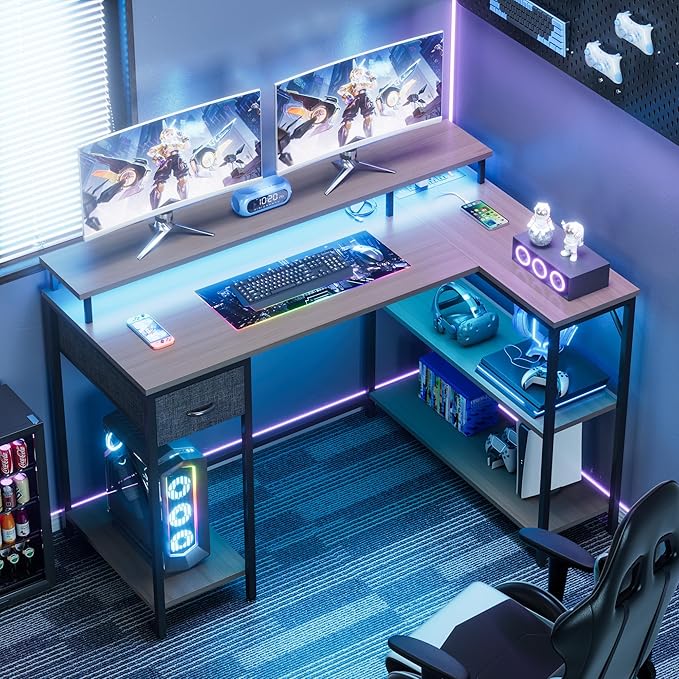 Homall L Shaped Gaming Desk with LED Lights &amp Power Outlets Reversible Computer Desk with Shelves &amp Drawer 47’’ Corner Desk Table with Monitor Stand Home Office Study Writing Table (Grey)