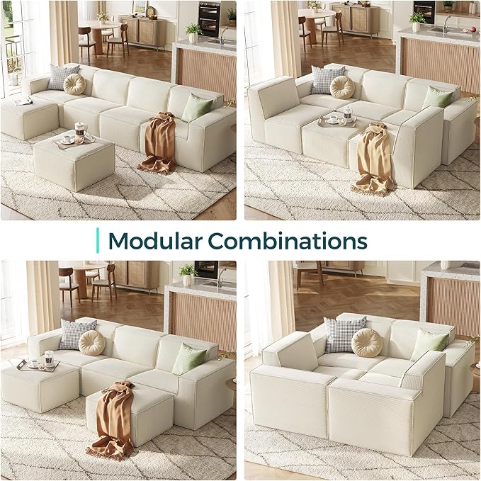 LINSY HOME Modular Sectional Sofa 105 Boneless Couch L Shaped 3-Seat Sofa with Movable Ottoman Corduroy Sectional Cloud Couches for Living Room No Assembly Required Beige