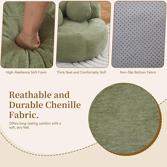 Round Oversized Chair Floor Sofa Chair Chenille Compressed Circle Chaise Lounge No Assembly Boneless Barrel Chair Lazy Bean Bag Couch Accent Chair for Living Room Bedroom DormGreen