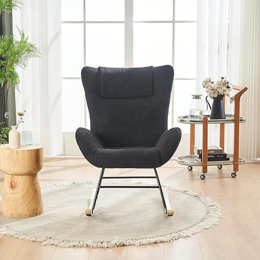 Rocking Chair Nursery Solid Wood Legs Reading Chair with Teddy Fabric Upholstered Nap Armchair for Living Rooms Bedrooms Offices Best GiftBlack Teddy Fabric