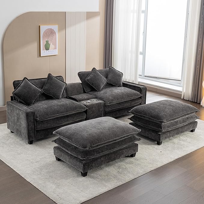 Sectional Sofa Chenille Upholstered with 2 Removable Ottoman 2 USB Ports 2 Cup Holders Large Storage Box for Living Room