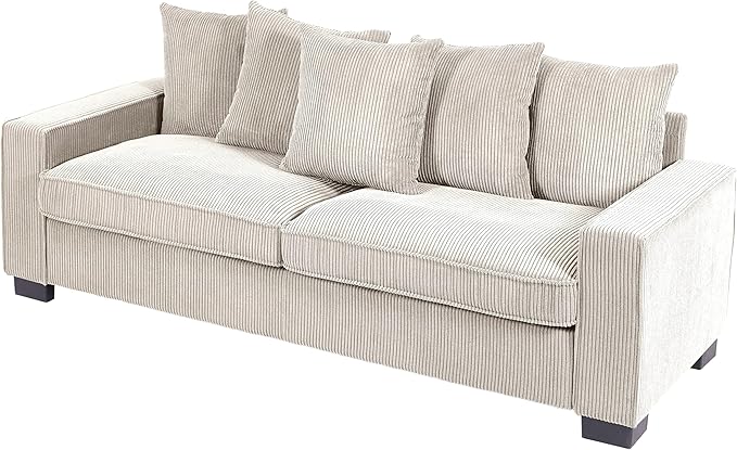 Luxe Corduroy Sofa with 5 Matching Toss Pillows Sleek Design Spacious and Comfortable 3 Seater Couch for Modern Living Room Large Ivory