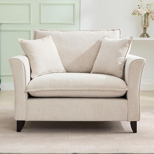 46.3 Inch Oversized Armchair Chenille Fabric Chair and a Half Single Sofa with Pillow Removable Washable Covers Rubberwood Legs Ruffled Armrests for Living Room Bedroom Office Apartment Cream