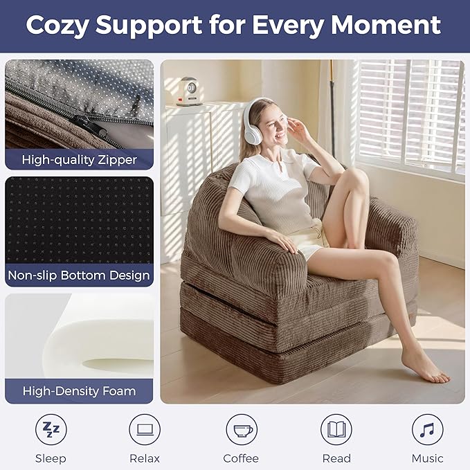 MAXYOYO Folding Sofa Bed with Backrest Boneless Fold Out Couch Bed with Handle 2 in 1 Convertible Bean Bag Chair to Floor Sofa Lounger Comfy Folding Couch for Bedroom &amp Living Room Brown