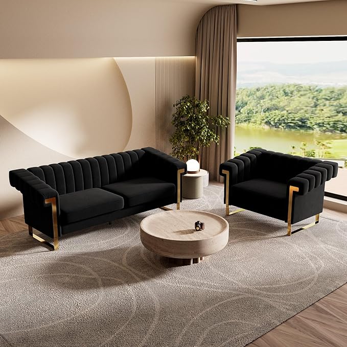 Mid-Century Modern Black Velvet Single Sofa with Gold Metal Legs 49 Luxury Chesterfield Comfy Black Sofa Chair for Living Room (Black-1 Seater)