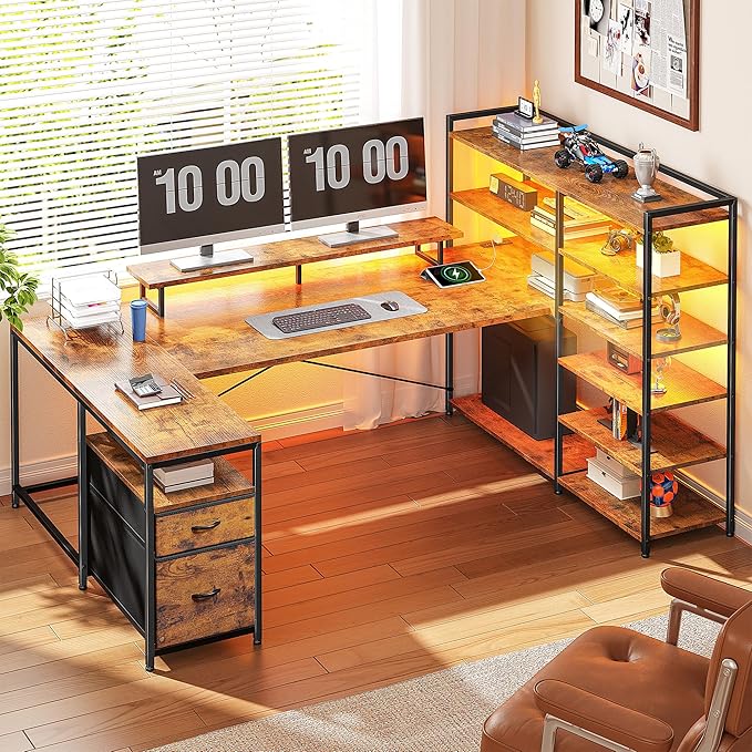 L Shaped Desk with Monitor Stand 63'' Reversible U Shaped Office Desk with 6 Tire Storage Shelves &amp 2 Fabric Drawers Gaming Desk with Power Outlet &amp LED Strip Rustic Brown