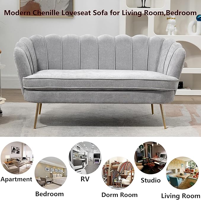 Chenille Small Sofa Couch for Small Spaces Living Room Bedroom59 Loveseat Couches with Gold Metal LegsChannel Tufted 2 Seater Sofas with Curved Back and Arms for ApartmentRV.