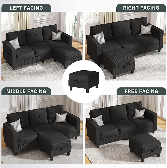 JY QAQA Convertible Sectional Sofa Couch with 3-Seat Sofa L-Shaped Ottoman Couch with Modern Linen Fabric for Small Living Room Apartment and Small Space(Black)