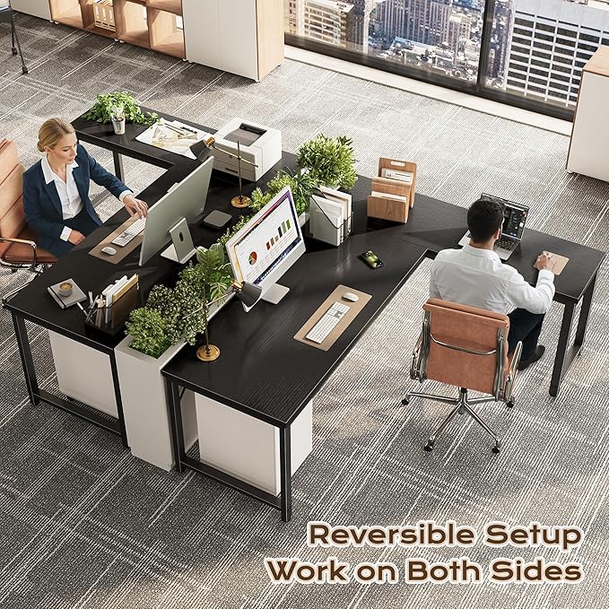 Huuger 63 Inch L Shaped Desk with 0.95 Inch Thicker Desktop Reversible Computer Larger Corner Office Gaming Desk Robust Metal Frame for Home Office Study Black