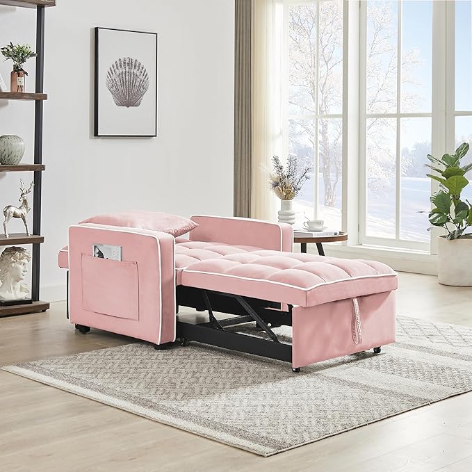 3-in-1 Futon Couch Sofa Bed Chair Convertible Sleeper Sofa with Pull-Out Bed Folding Sofa Bed with Reclining Backrest and Side Pocket Sofa Recliner Single Bed Adult Modern Chair Bed Berth (Pink)