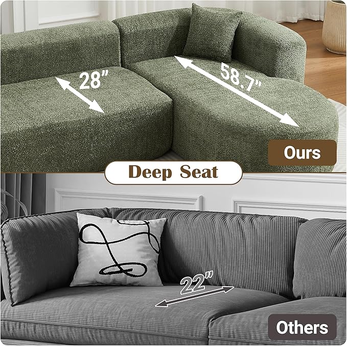 110 Inch Boneless Couches for Living Room Modern Modular Sectional Curved Sofa with Chaise Minimalist L-Shape Cloud Sectional Couch No Assembly Required (Green Right-Facing Chaise)