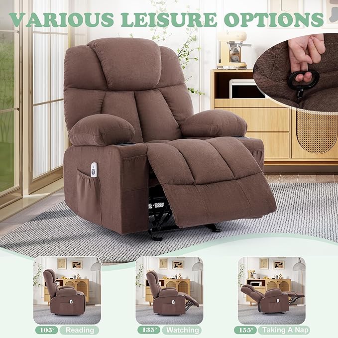 Manual Recliner Chair Rocker Recliner with Vibration Massage &amp Heat Ergonomic Reclining Fabric Living Room Chairs for Bedroom Nursery Single Sofa with 4 Pockets 2 Cup Holders Brown