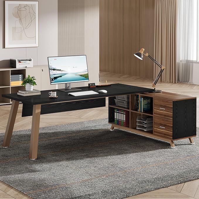 Tribesigns 78.7-Inch Executive Desk L-Shaped Desk with 55-Inch Cabinet Large Office Desk with Storage Shelves Modern Computer Desk for Home Office Black &amp Walnut
