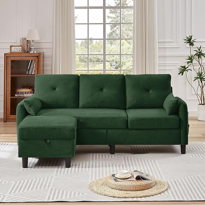 77 Convertible Sectional Couches 3 Seat L Shaped Couch Sofa with Storage Chaise &amp Removable Pillows Linen Fabric Small Couch Mid Century for Living Room Apartment and Office Green