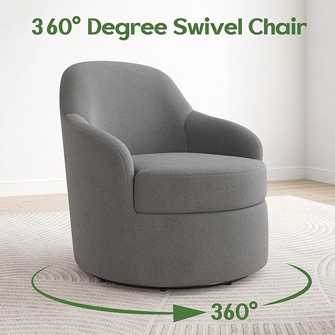 Swivel Accent Chair Upholstered Barrel Chairs with Washable Detachable Cover Round Living Room Chairs with Solid Mental Base Modern Armchair for Bedroom Polar Fleece(Grey)