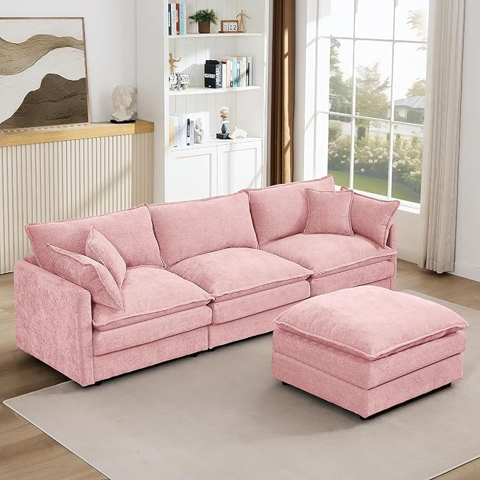 Pink Sectional Modular Sofa Cloud Couch 105 Modern Convertible L-Shape Sofa Deep 3-Seater Soft Chenille Comfy Upholstered with Removeable Ottoman Set and Removable Cushions for Living Room