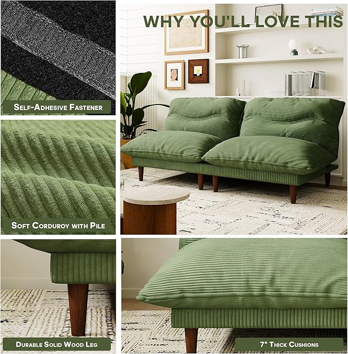 Futon Sofa Bed 4 in 1 Multi-Functional Futon Couch with Adjustable Backrest Convertible Sleeper Sofa Bed and Recliner Lounge Loveseat for Living Room Apartment Office 3 Sets Green