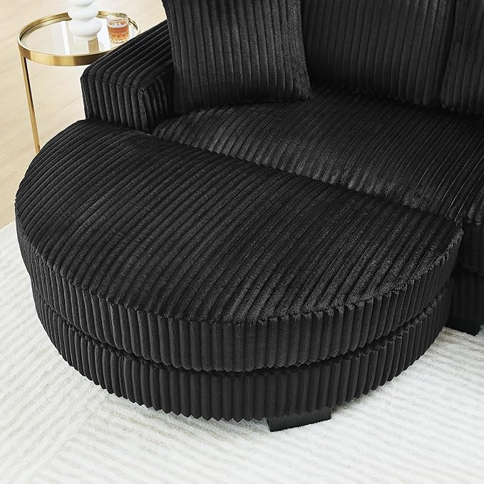 Corduroy Tufted Upholstered Sleeper Sectional Sofa L-Shaped Modular Convertible Sofa The arc-Shaped Footstool can be Placed Freely on The Left and Right (Black + Foam + 3 Seat)