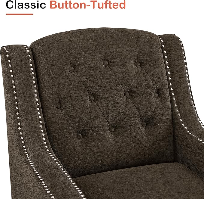 MCombo Modern Accent Chair with High Legs Chenille Upholstered Single Sofa Chair with Tufted Button Back &amp Ergonomic Armrests Solid Wood Legs for Living Room Bedroom 4260 (Brown)