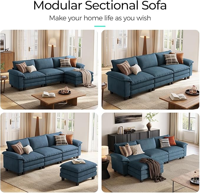 LINSY HOME 123'' Modular Sectional Sofa Blue Couch Corduroy Cloud Couches for Living Room L Shaped Couch with Movable Ottoman Modern Cloud Sectional Sofas for Bedroom and Apartment Blue