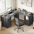 DWVO L Shaped Desk with File Drawer 60 Corner Computer Desk with Power Outlets Home Office Desk with Monitor Stand &amp Storage Shelves &amp File Cabinet Grey