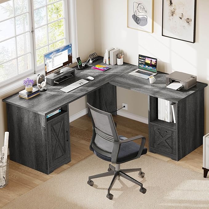 DWVO L Shaped Desk with File Drawer 60 Corner Computer Desk with Power Outlets Home Office Desk with Monitor Stand &amp Storage Shelves &amp File Cabinet Grey